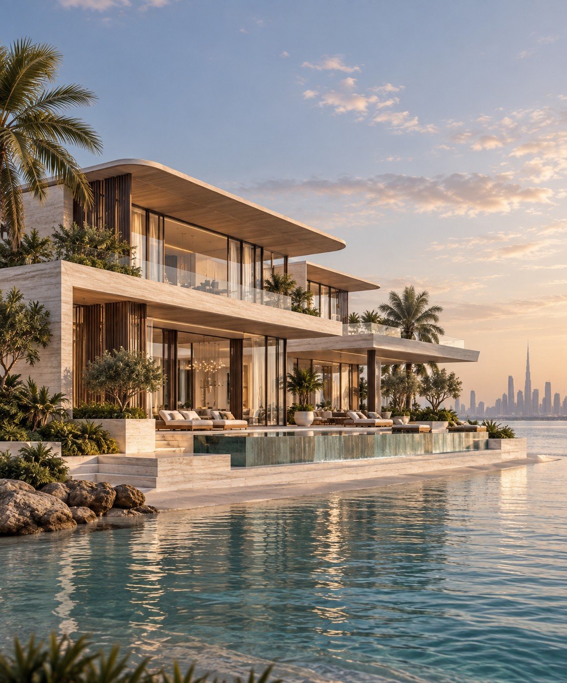 A travertine villa on the water at sunset